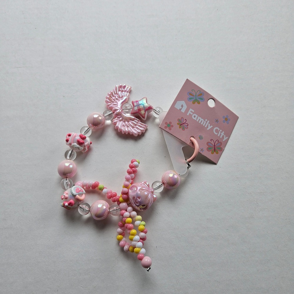 Family City Pink Beaded Charm Bracelet Angel Wings Star Bow Kawaii Coquette Y2K